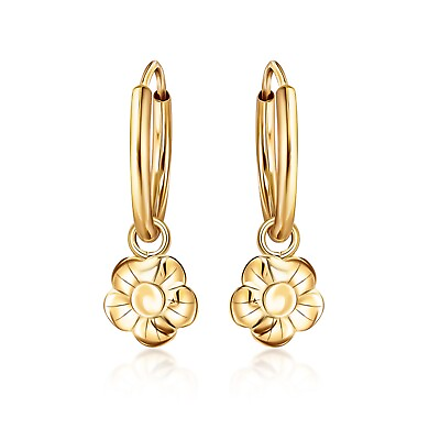 #ad Solid 14K Gold Daisy Flower Dangling on 14K Gold Endless Hoop Earring 1x10mm $39.99