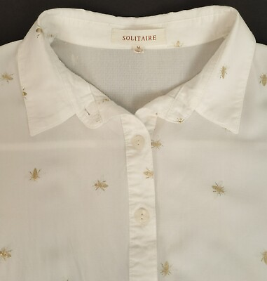 #ad #ad Solitaire Women M Wide amp; Short White Button Up Gold Foil Bees Short Sleeves Top $13.45