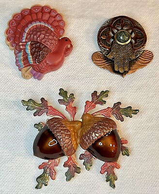 #ad Lot 3 Vintage Thanksgiving amp; Fall Pins Brooches Turkey Acorns amp; Leaves More $12.99