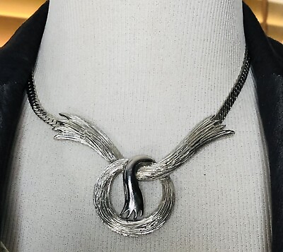 #ad Knotted Pendant 2.5x3.25” Herringbone Chain Necklace 16” Silver Toned $6.99