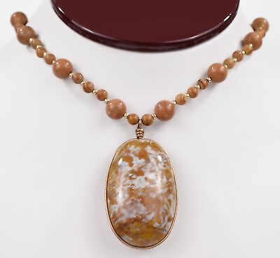 #ad Yellow Gold Plate Natural Red Jasper Necklace w Large Oval Drop 25quot; $48.00