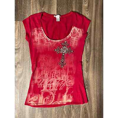 #ad Vintage Women’s Y2K Bedazzled Celtic Rose Goth Cross Red V Neck Top T Shirt Lrg $19.99