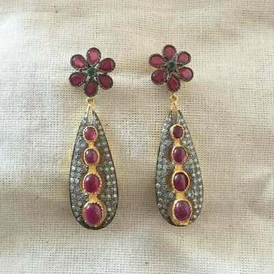 #ad Antique Ruby Gemstone Pave Diamond 925 Sterling Silver Handmade Party Earrings. $237.04