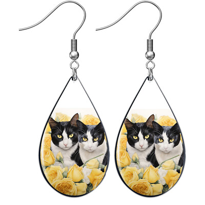 #ad Tuxedo Cats Earrings Summer Yellow Rose Garden Teardrop Sterling Cat Lover Gift $12.95