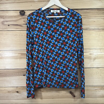 #ad Diane Von Furstenberg Shirt XL Mesh Geo Sheer Red Blue Brown Long Sleeve B138 $34.99