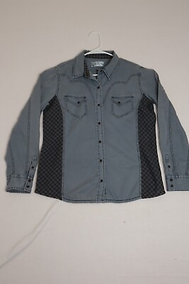 Ryan Michael Women#x27;s Large Gray Check Pattern Long Sleeve Shirt Snap Buttons $39.99