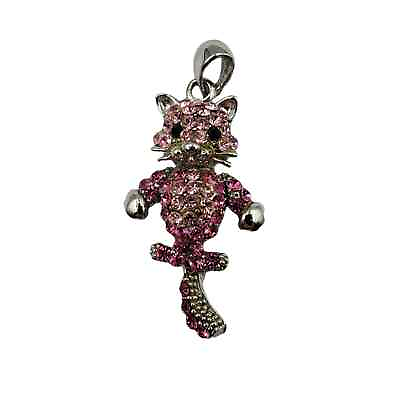 #ad Pink Rhinestone Cat Kitty Kitten Pendant Silver Tone Articulated Tail $9.99