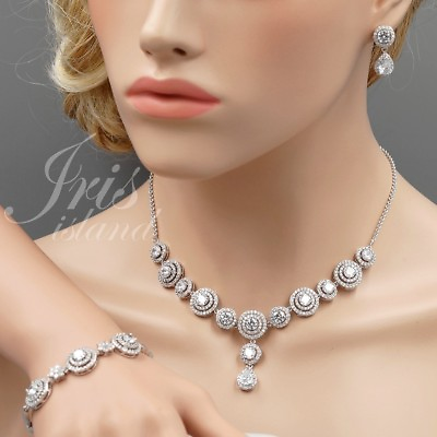 #ad Women Cubic Zirconia Pendant Necklace Bracelet Earrings Jewelry Set Silver 65 $31.19