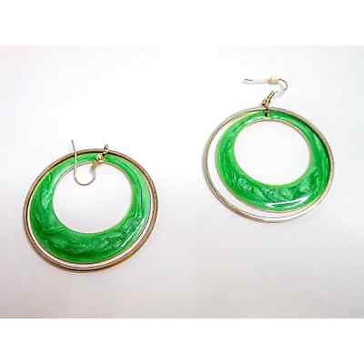 #ad Vintage Green Enamel Hoop Earrings Dangle Drop $12.00