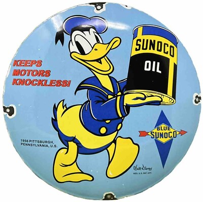 #ad VINTAGE SUNOCO DISNEY DONALD DUCK PORCELAIN SIGN PUMP PLATE GAS STATION OIL $99.76