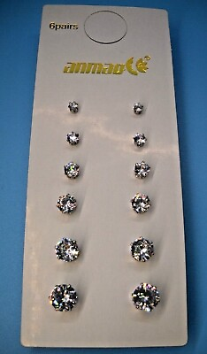 #ad Anmao Stud Earring Set 6 Pair 6 Sizes Stainless Steel CZ Round Cut Men Women F S $10.00
