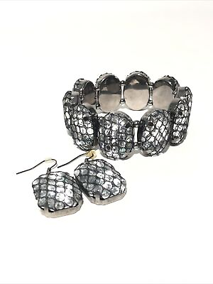 #ad Women’s Bracelet amp; Earrings Jewelry Set Silver Tone Large Crystals Black Mesh $12.00