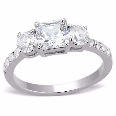 #ad 3 Stone Type 6x6mm Princess CZ with Two Round CZ Stainless Steel Wedding Ring $17.88