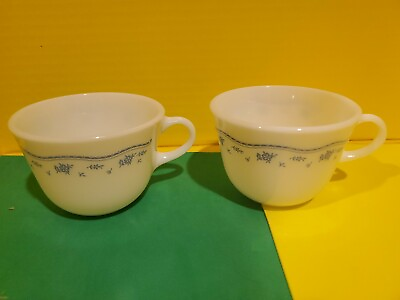 #ad 2 Vintage Pyrex Cups Morning Blue Flowers White Mug Floral Teacup Coffee $6.00