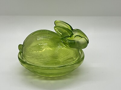 #ad Vintage Green Nesting Bunny Rabbit Glass Covered Candy Trinket Dish Easter $15.00