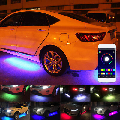 #ad 4Pcs Under Car RGB LED Tube Strips Under Glow Body Neon Light Kits Phone Control $51.69