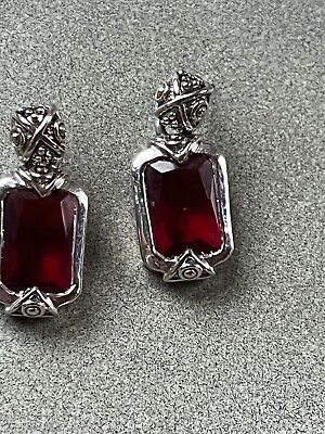 #ad Silvertone Criss Cross Square w Cherry Red Glass in Frame Dangle Post Earrings $12.59