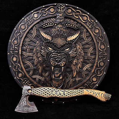 #ad Custom Medieval Norse Fenrir Shield amp; Axe Set Hand Carved Wood Viking Wolf Axe $313.99