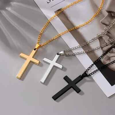 #ad Cross Pendant Necklace Stainless Steel Cuban Chain Silver Plated Gold Men Women $3.74