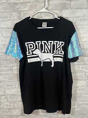 #ad Victoria#x27;s Secret Pink Bling Iridescent Campus Tee Shirt Black Dog Rare Sz Small $39.99