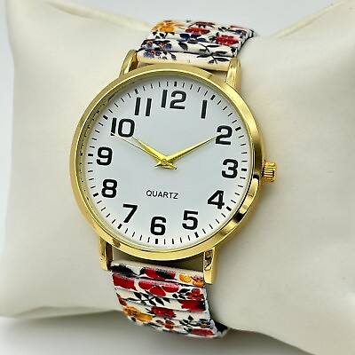 #ad NEW Women#x27;s White amp; Blue Red Floral Design Watch Flex Band Gold Tone Case 40mm $14.99