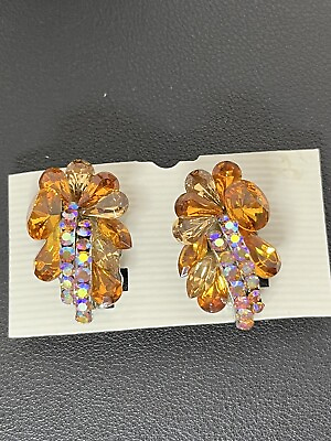 #ad Vintage Clip On Earrings Orange amp; Aurora Borialis Rhinestone Gift Estate $18.00