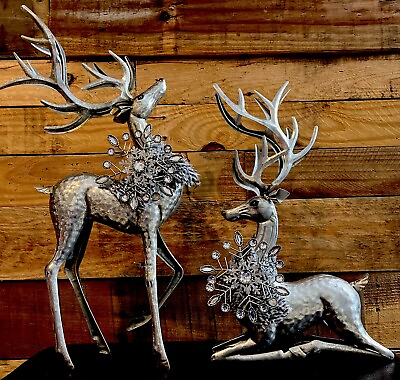 #ad Silver Christmas Deer Decorative Figures Aluminium Bling Set Of 2 $69.99