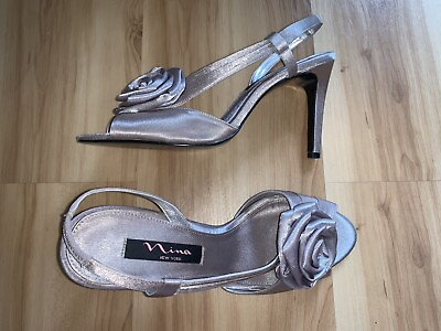 #ad NINA NEW YORK Silver Satin Rose Evening Heels Size 8.5M Open Toe Sling Back $25.00