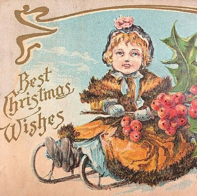 #ad Christmas Holiday Postcard VTG Antique Lovely Sweet Victorian Girl Sleigh 1907 $31.94