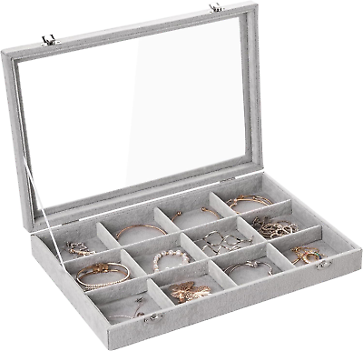 #ad Jewelry Tray 12 Grid Velvet Jewelry Organizer Storage Box with Clear Lid Drawer $45.62
