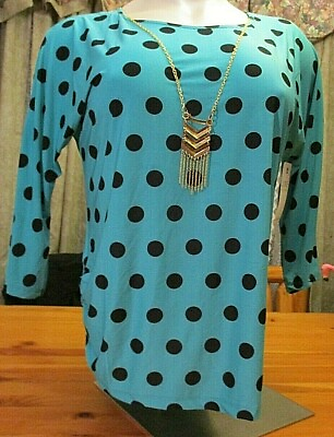 Love Nation Polka Dot Jade Black Blouse Shirred Sides Detachable necklace 2X NEW $17.99