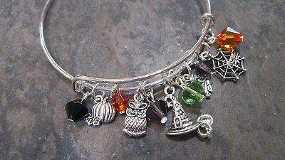 #ad Halloween bracelet with Witch hat owl pumpkin and spiderweb charms $13.00