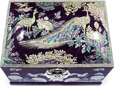 #ad Mother of Pearl Jewelry Box Ring Organizer Two Level Peacock Purple Handmade $222.99