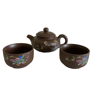 #ad Asian Yixing Zisha Purple Clay Small Teapot And Cups Set Bird Floral Design $39.00