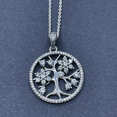 #ad Pandora Necklace 32quot; Chain 925 Sterling Silver 925 Sparkling Family Tree Pendant $55.99