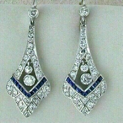 #ad Art Deco Vintage Style 3.85Ct Diamond amp; Sapphire Drop Dangle 925 Silver Earrings $67.90