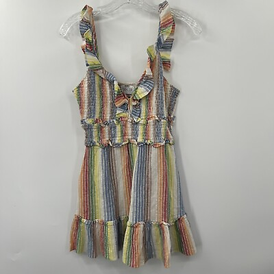 #ad Saylor Women#x27;s Small Rainbow Striped Smocked Cotton Ruffle Mini Dress $39.99