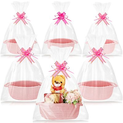 #ad 6 Pieces Empty Gift Basket with 10 Shrink Wrap Bags and 12 Bows Woven Basket ... $40.38