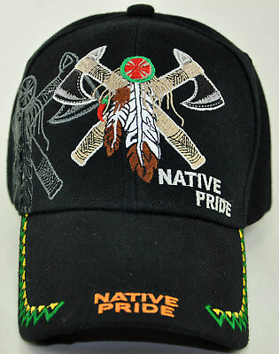 #ad NEW NATIVE PRIDE DOUBLE AXE FEATHER CAP HAT BLACK $9.95
