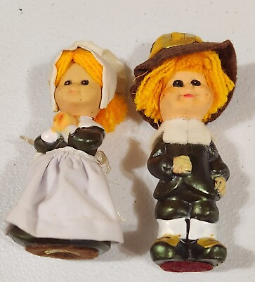 #ad Vintage Pilgrim Boy amp; Girl Miniature Doll Set Thanksgiving Decor 4.5quot; tall $19.87