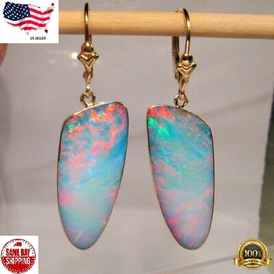 #ad 925 Silver Plated Earrings Oval White Fire Opal Ear Hook Drop Jewelry Simulated $3.99