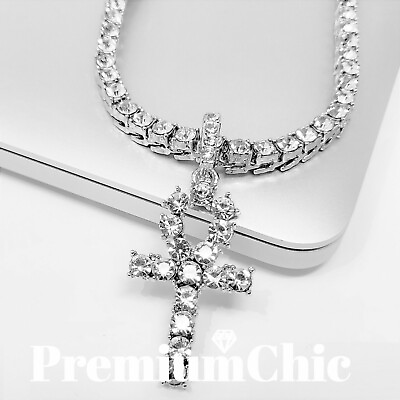 ANKH Cross Pendant ICED Tennis Chain Gold Plated Silver Rose Hip Hop CZ Necklace $12.32