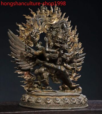 #ad 12quot; old Tibetan bronze gilt 3 heads 4 arms Mahakala Wrathful Deity Buddha Statue $327.60