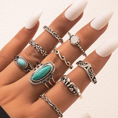 #ad 9Pcs Bohemian Statement Knuckle Silver Rings Set Turquoise Finger Ring Elephant $17.49