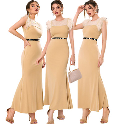 #ad Dubai Elegant Women Beads Feather Tassel Sleeveless Long Dresses Bodycon Kaftan $28.07
