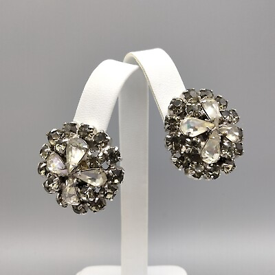 #ad Hollywood Regency Bridal MCM Rhinestone Silver Tone Clip On Earrings Vintage $23.99