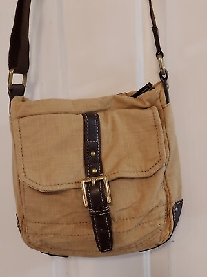 #ad Fossil Mens Canvas Tan amp; Brown Leather Strap Messenger Office Adventure Bag Trvl $38.50