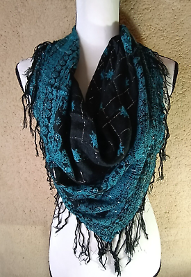 #ad Women#x27;s 32 X 33 in. Teal Blue and Black Scarf With Fringe Shawl Wrap Fashion $10.99