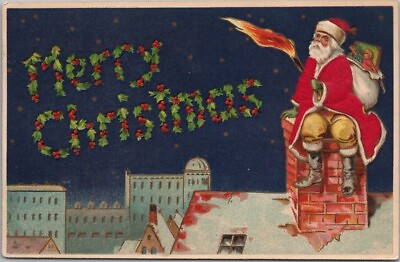 #ad Silk Santa Claus on Chimney over City with Holly Torch Christmas Postcard h784 $22.95