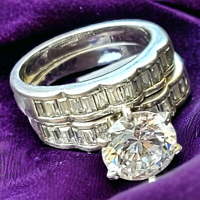 #ad Vtg 925 Sterling Rhodium Solitaire Wedding Ring Set Baguette Round CZ Size 7 $58.65